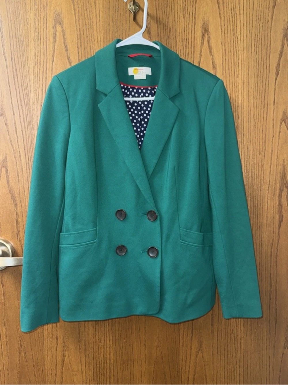 Boden Vibrant Emerald Green Double Breasted Knit Blazer Satin Lining 10P